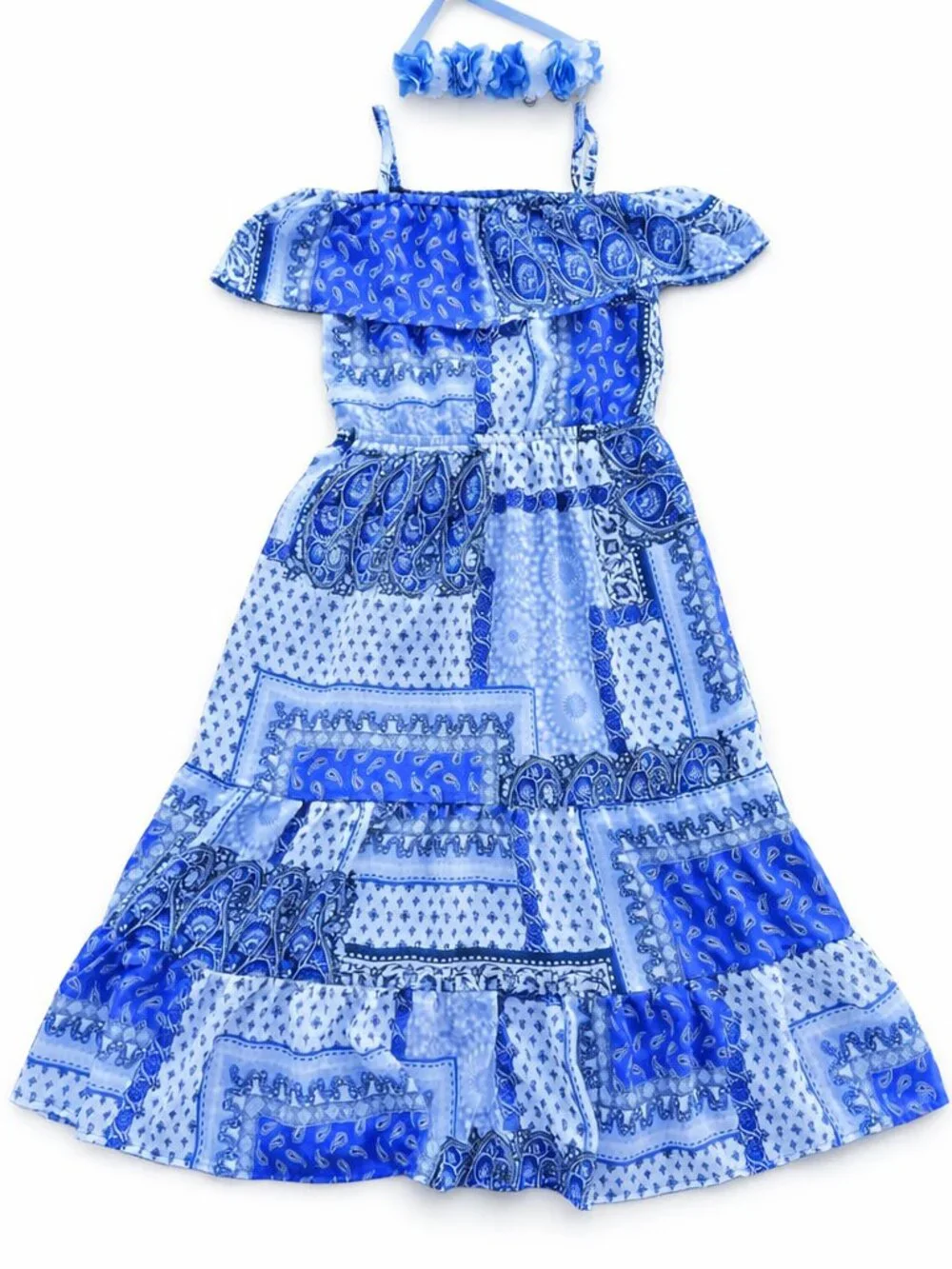 Girls Sleeveless Paisley Patchwork Print Off-Shoulder Dress and Matching Hair